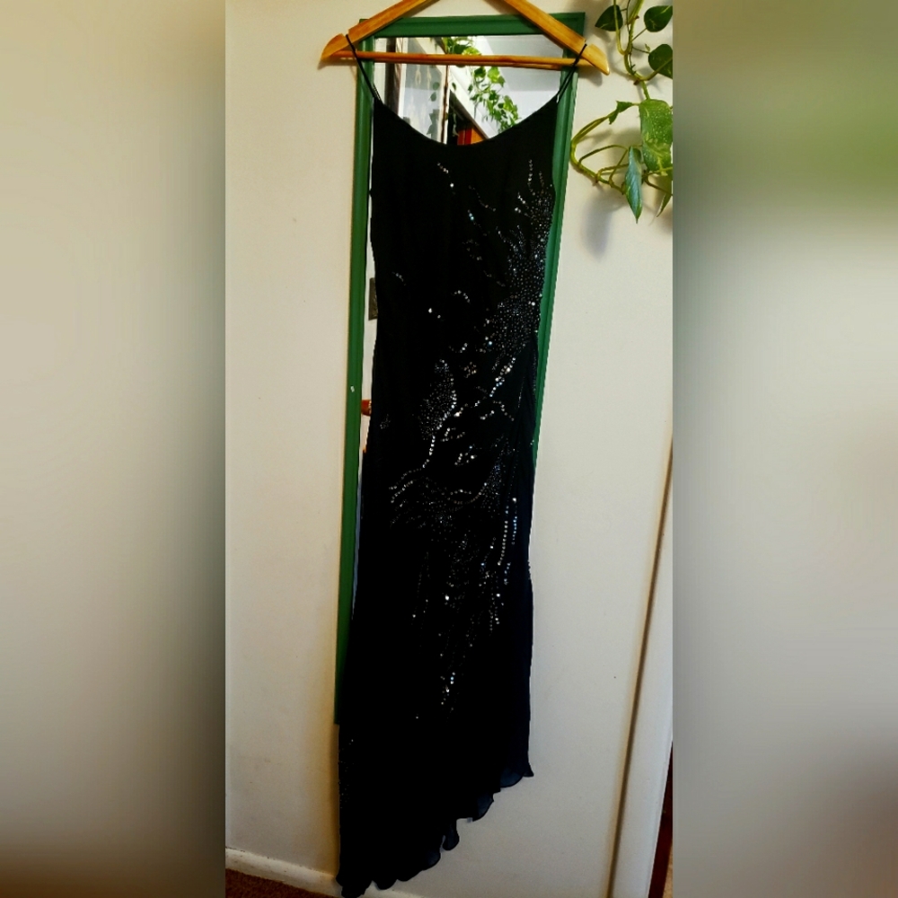 Black Asymmetrical Sequined Evening Dress